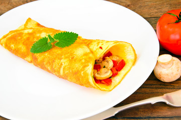 Healthy and Diet Food: Scrambled Eggs with Mushrooms and Vegetab