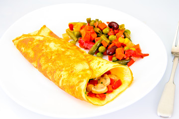 Healthy and Diet Food: Scrambled Eggs with Mushrooms and Vegetab