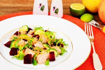 Salad with Beets, Salmon, Cucumber, Arugula, Lemon Zest, Orange,
