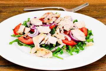 Salad with Arugula, Tomatoes, Turkey Breast, Grape Seed Oil, Soy