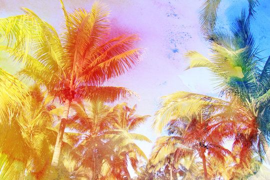 watercolor retro tropical palms