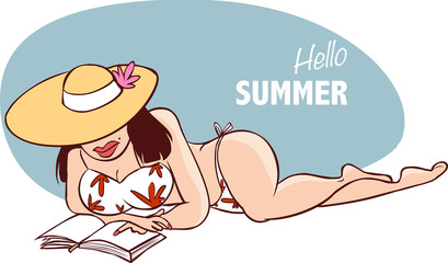 white background vector illustration of a  Beautiful woman sunba