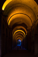 The arcade of 16th century Palazzo della Pilotta in Parma, Italy at night