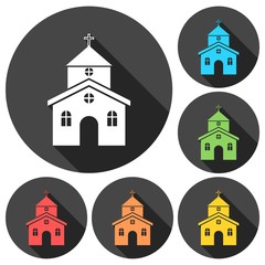 Church building icons set with long shadow