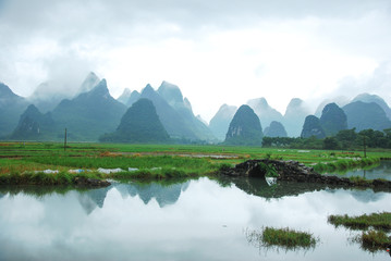 The beautiful mountains and rural scenery in raining, Guilin, China