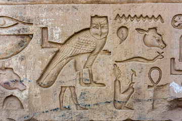 old egypt hieroglyphs.  Hieroglyphic carvings on the exterior wa