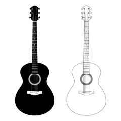 Obraz premium Vector silhouette and contour illustration of acoustic guitars