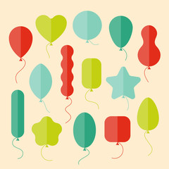 Vector icon set of balloons of different shapes in flat style