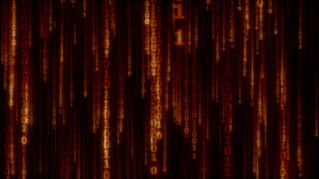 cyberspace with red - orange digital falling lines, binary hanging chain, abstract animated background, seamless loop
