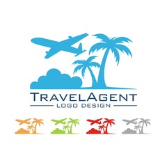 Fototapeta na wymiar Travel And Tour Logo, Plane, Palm, Land, Cloud, Simple Design Logo Vector