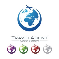 Travel And Tour Logo, Plane, Globe, Map, Crescent Design Logo Vector