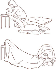 Vector illustration of a fainting in shock and first aid