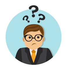 businessman thinking and can not decide. Overhead, question marks