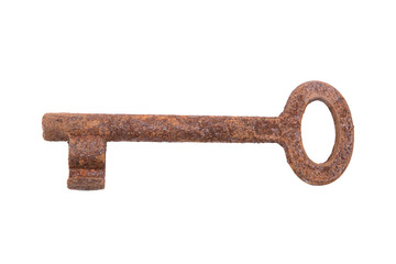 Old rusty key on a white background