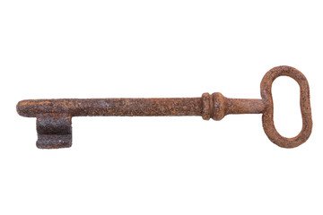 Old rusty key on a white background
