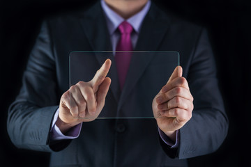 Business man holding blank futuristic transparent mobile, smart