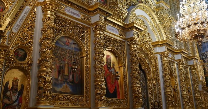 The iconostasis - The Views Inside The Great Church of The Assumption of the Blessed Virgin Mary of Kiev Pechersk Lavra in Kiev, Ukraine.