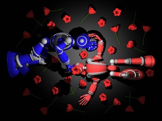 Romantic Couple Robot in Low Light With Flowers