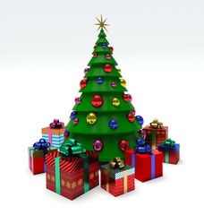 Christmas tree, Christmas baubles, gift boxes. 3d render illustration