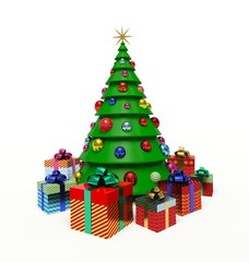 Christmas tree, Christmas baubles, gift boxes. 3d render illustration