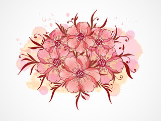 Vector illustration with hand drawn  flowers, leaves and branches with textured watercolor elements.