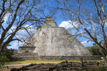 View to Mayan pyramid through branches of naked trees 