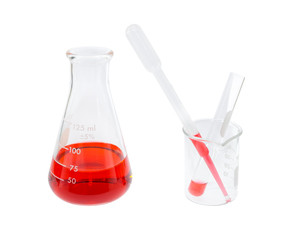 red solution in flask and dropper in beaker