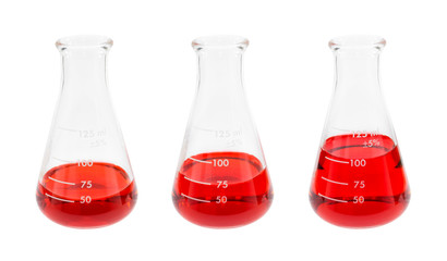 red solution in flask three flask volume