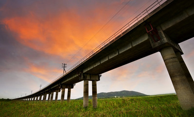 Railway Bridge, a large reservoir, but the water became greener pastures, scenes landscape thailand.