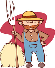 vector illustration of a Cartoon farmer holding a rak