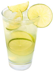 Lemonade with lime and ice cubes
