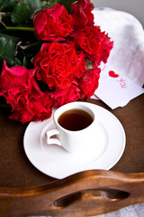 Coffee and red roses for Valentine's day