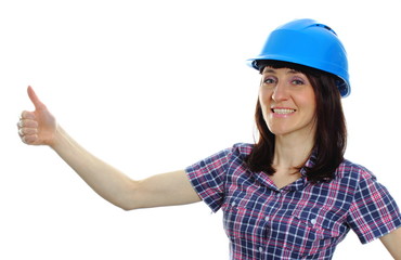Builder woman in blue helmet showing thumbs up