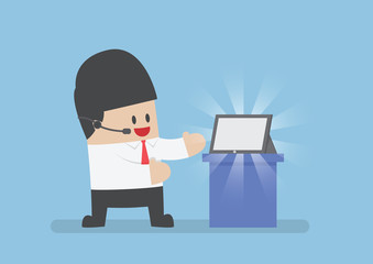 Businessman presents the new products