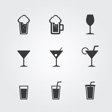 Drinks icons set. Vector gray beverages for cafe and restaurant.