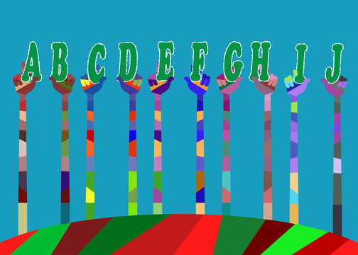 many different colored hands. palms raised upward and lift the letters.
vector illustration, editable to any size