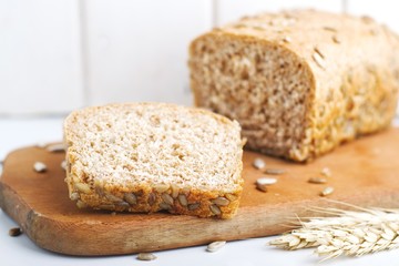 rye bread with sunflower seeds.selective focus