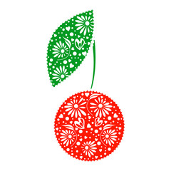 Vector illustration of decorative ornamental red cherry with leaf, isolated on the white background. Series of Fruits and Vegetables Illustrations.