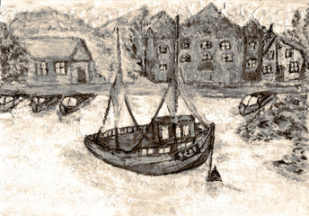 The picture boat in the sea and houses on the shore