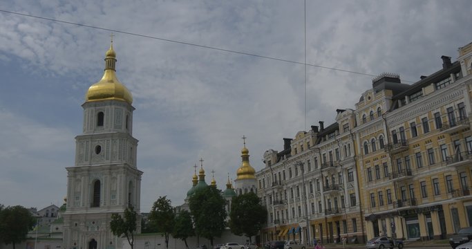 Sofia Square, Kiev, Bell Tower of Sophia Cathedral, Old Multi-Storeyed House to the Right, Tracking Left,Monument of Bohdan Khmelnytsky