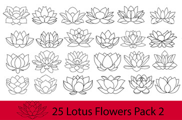 Lotus flowers black and white silhouette, modern flat icons. Set
