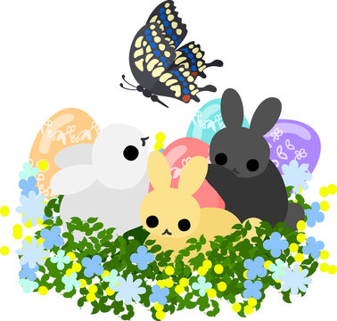 Rabbits and flower garden and butterfly and Easter eggs