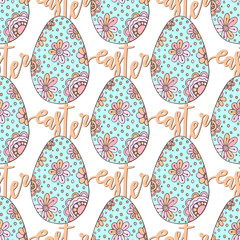 Easter pattern with hand drawn eggs and lettering. Perfect vector for wrapping paper. Repeating background.