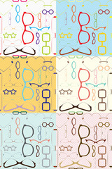 A set of seamless patterns in 6 color schemes featuring a variety of glasses silhouettes over a halftone background.