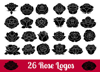 Hand drawn flower black silhouette and flat icon vector set, ros