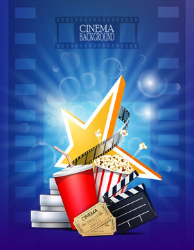 Cinema background with film reel, clapper, popcorn, tickets and star.