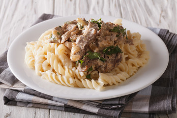 Russian beef stroganoff with pasta fusilli closeup on a plate. horizontal
