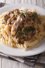 beef stroganoff with pasta close-up on a plate. Vertical
