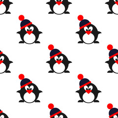 Seamless vector pattern with animals, cute symmetrical  background with penguins with winter hats. Series of Animals and Insects Seamless Patterns.