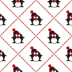 Seamless vector pattern with animals, cute symmetrical  background with penguins with winter hats. Series of Animals and Insects Seamless Patterns.